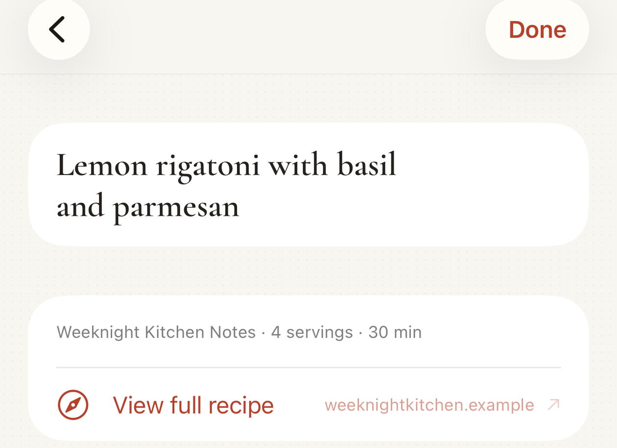 A recipe saved from a shared link, with its ingredients.