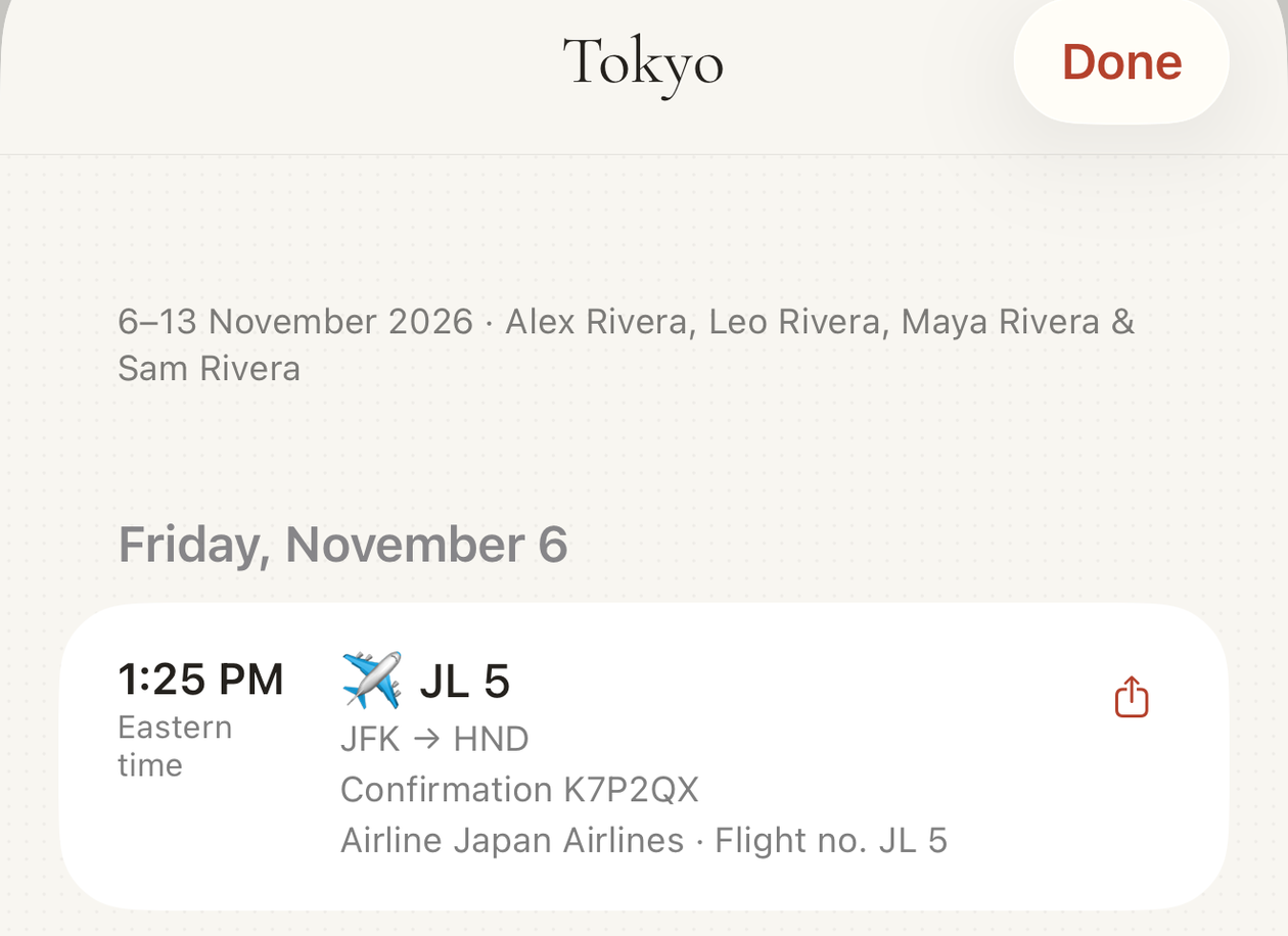 A trip itinerary with a flight and a hotel from forwarded confirmations.