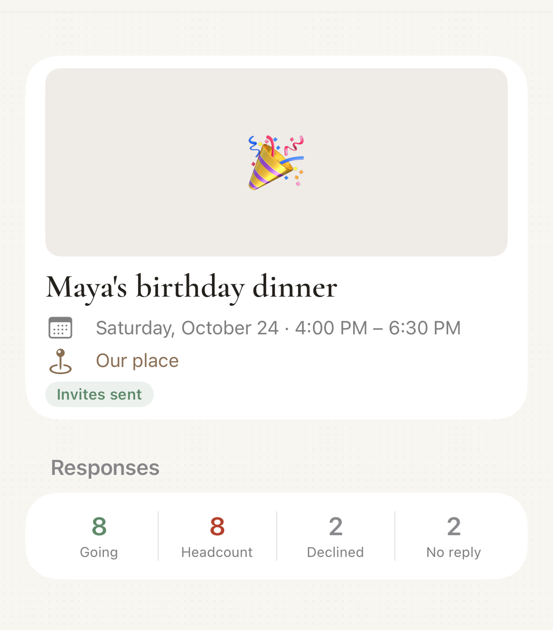 An event showing who's going, who declined, and who hasn't replied.