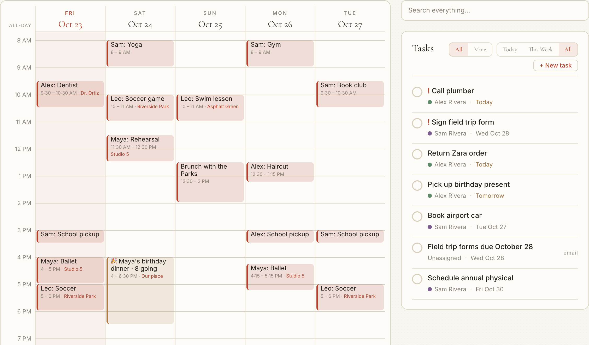 Gatherby's household calendar beside shared tasks.