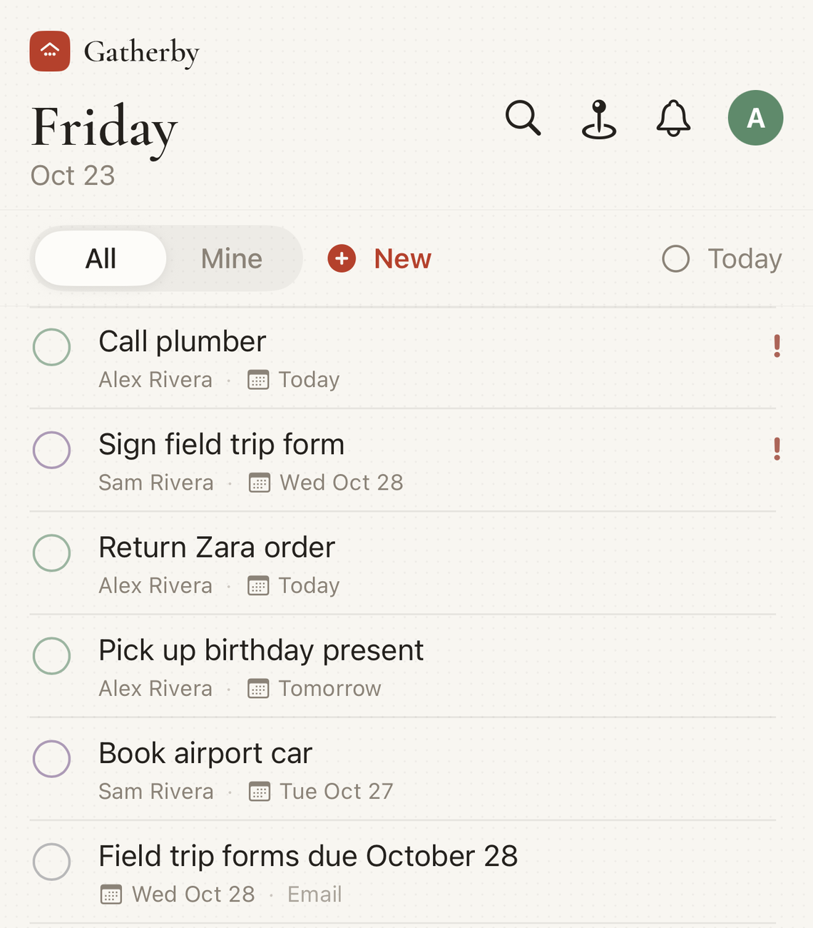 Shared tasks, each showing who it's for and when it's due.